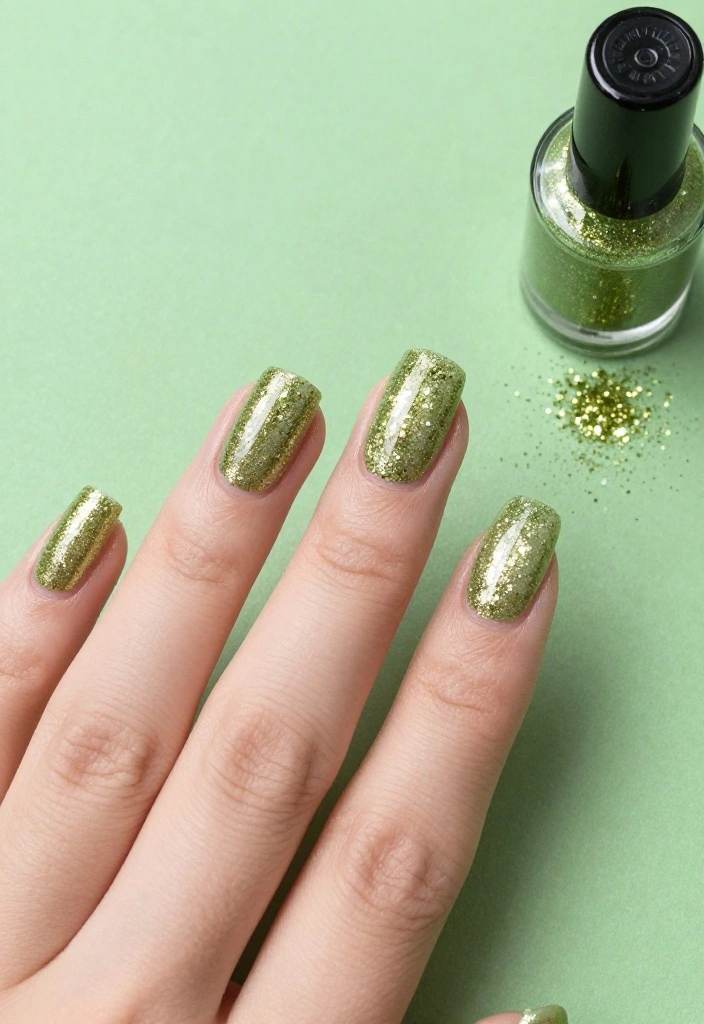 18 Bold Matcha Green Nail Ideas That Will Turn Heads Everywhere You Go! - 5. Matcha Glitter Nails 1