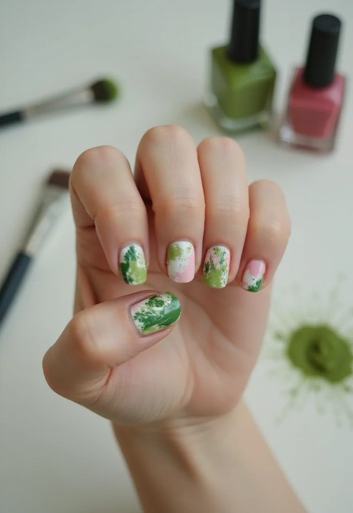 18 Bold Matcha Green Nail Ideas That Will Turn Heads Everywhere You Go! - 6. Abstract Splash Matcha Nails 1