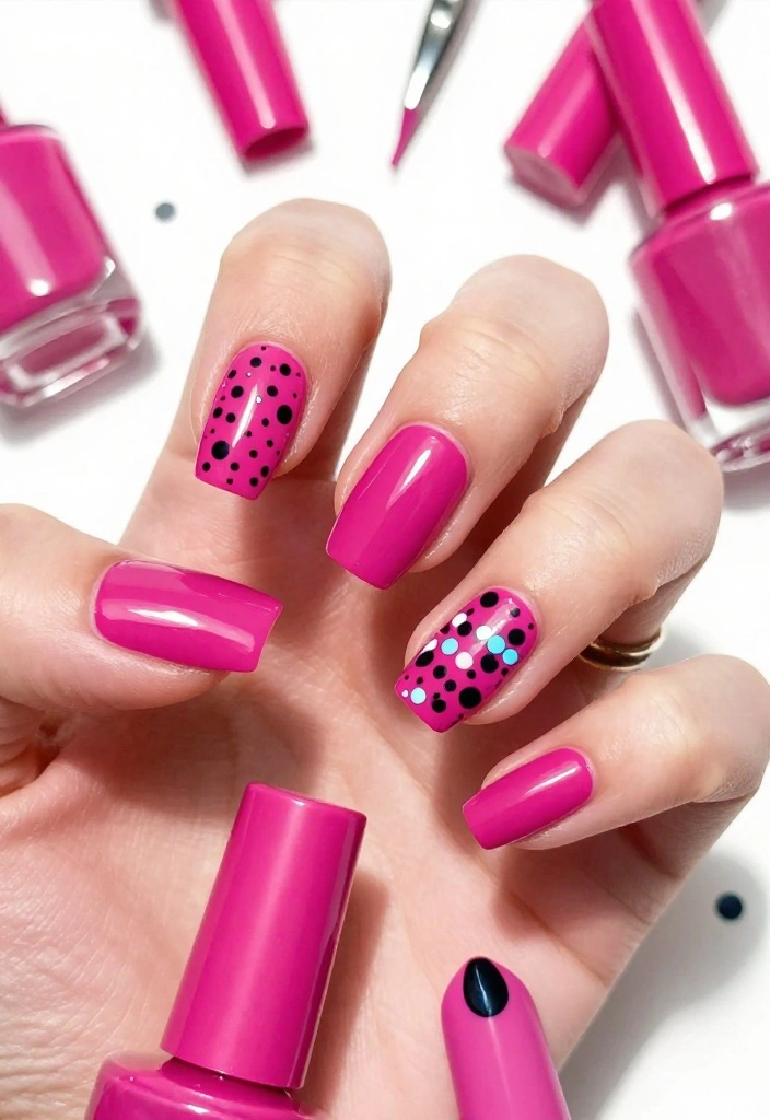 18 Fabulous Fuchsia Nail Designs with Black Accents (You’ll Be Obsessed with #9!) 18 Fabulous Fuchsia Nail Designs with Black Accents (You’ll Be Obsessed with #9!) - 10. Fuchsia and Black Confetti Nails 1