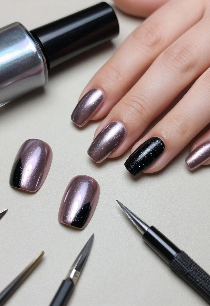 18 Fabulous Fuchsia Nail Designs with Black Accents (You’ll Be Obsessed with #9!) 18 Fabulous Fuchsia Nail Designs with Black Accents (You’ll Be Obsessed with #9!) - 12. Metallic Fuchsia and Black Nails 1
