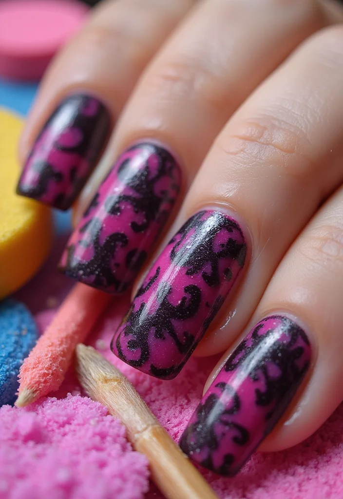 18 Fabulous Fuchsia Nail Designs with Black Accents (You’ll Be Obsessed with #9!) 18 Fabulous Fuchsia Nail Designs with Black Accents (You’ll Be Obsessed with #9!) - 13. Fuchsia Tie-Dye Nails with Black Swirls 1