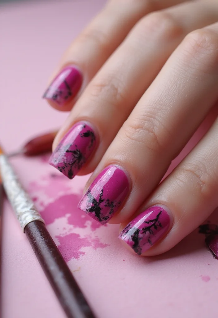 18 Fabulous Fuchsia Nail Designs with Black Accents (You’ll Be Obsessed with #9!) 18 Fabulous Fuchsia Nail Designs with Black Accents (You’ll Be Obsessed with #9!) - 15. Fuchsia and Black Watercolor Nails 1