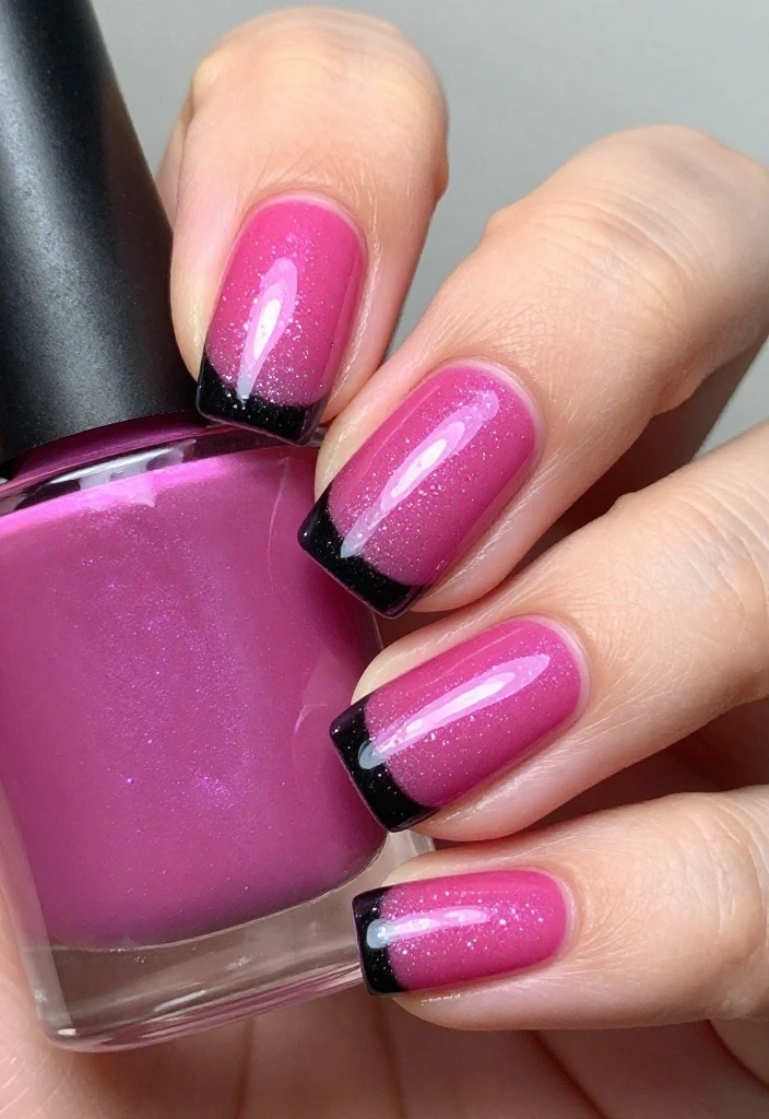 18 Fabulous Fuchsia Nail Designs with Black Accents (You’ll Be Obsessed with #9!) 18 Fabulous Fuchsia Nail Designs with Black Accents (You’ll Be Obsessed with #9!) - 16. Fuchsia Glitter Fade with Black Tips 1
