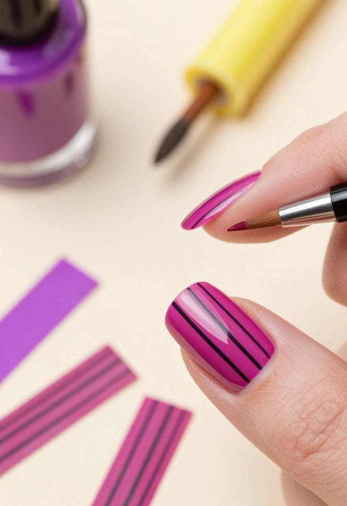18 Fabulous Fuchsia Nail Designs with Black Accents (You’ll Be Obsessed with #9!) 18 Fabulous Fuchsia Nail Designs with Black Accents (You’ll Be Obsessed with #9!) - 4. Striped Fuchsia and Black Nails 1