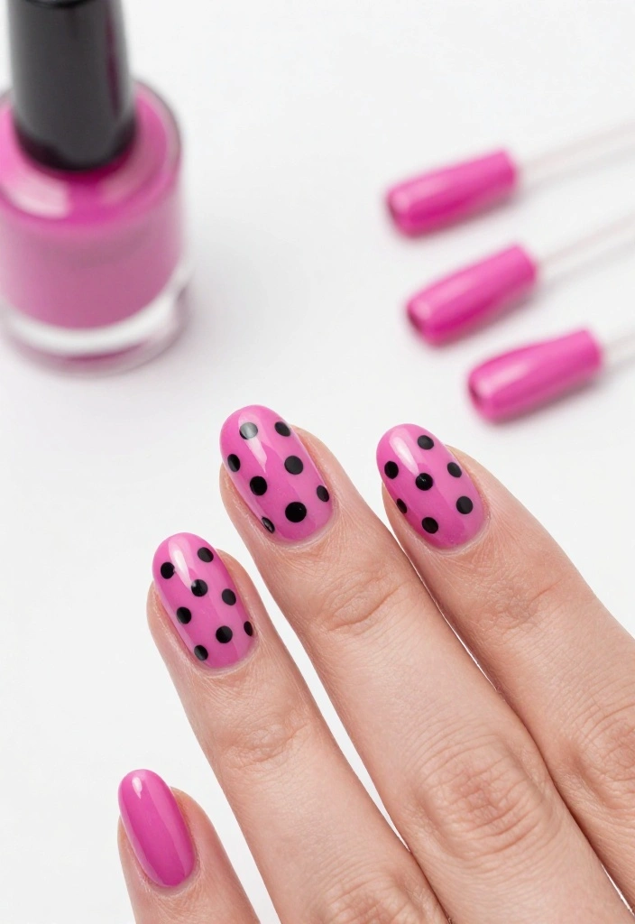 18 Fabulous Fuchsia Nail Designs with Black Accents (You’ll Be Obsessed with #9!) 18 Fabulous Fuchsia Nail Designs with Black Accents (You’ll Be Obsessed with #9!) - 5. Dot Matrix Fuchsia Nails 1