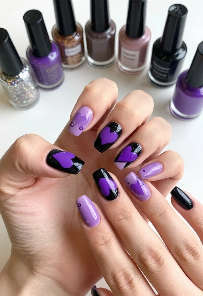 20 Stunning Purple and Black Nail Ideas That'll Leave You Speechless! - 11. Charming Heart Designs 1