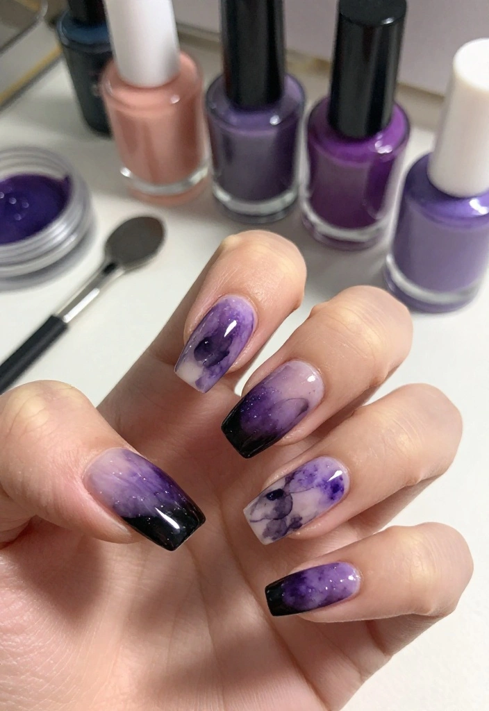 20 Stunning Purple and Black Nail Ideas That'll Leave You Speechless! - 13. Mesmerizing Watercolor 1