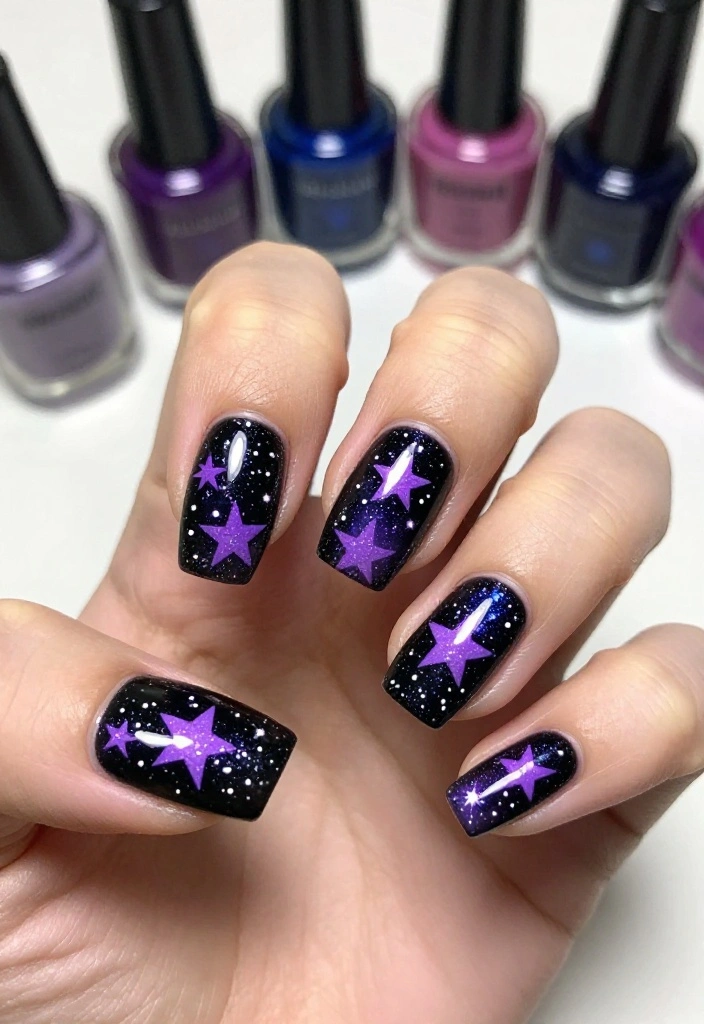 20 Stunning Purple and Black Nail Ideas That'll Leave You Speechless! - 17. Twinkling Night Sky 1