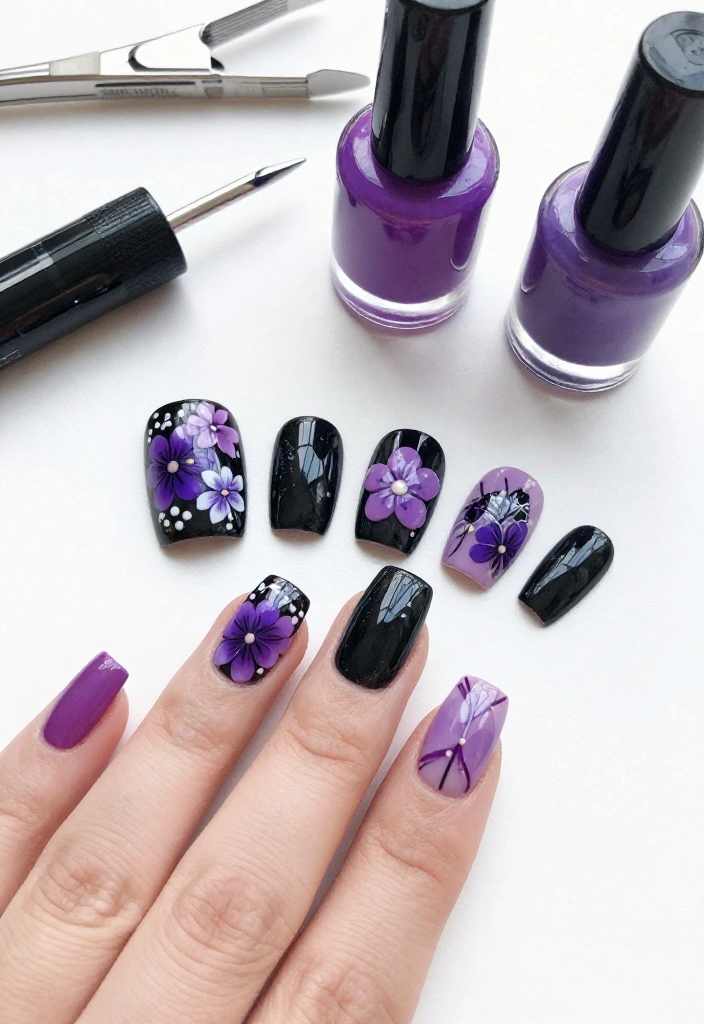 20 Stunning Purple and Black Nail Ideas That'll Leave You Speechless! - 4. Elegant Floral Accents 1