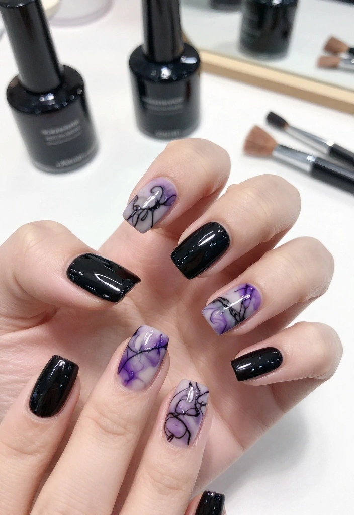 20 Stunning Purple and Black Nail Ideas That'll Leave You Speechless! - 5. Edgy Marble Effect 1