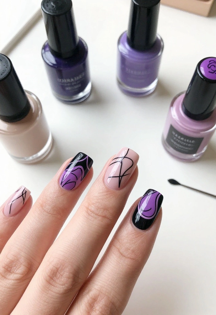 20 Stunning Purple and Black Nail Ideas That'll Leave You Speechless! - 8. Minimalist Line Art 1