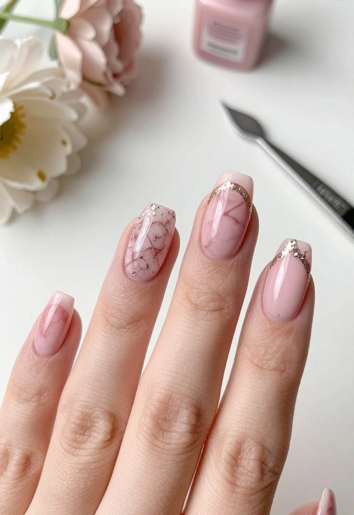 21 Trendy Pink Marble Nail Ideas That Everyone Will Be Talking About! 21 Trendy Pink Marble Nail Ideas That Everyone Will Be Talking About! - 14. Pink Marble with Foil 1