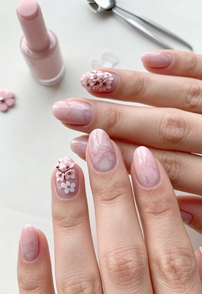 21 Trendy Pink Marble Nail Ideas That Everyone Will Be Talking About! 21 Trendy Pink Marble Nail Ideas That Everyone Will Be Talking About! - 18. Pink Marble with Floral Accents 1