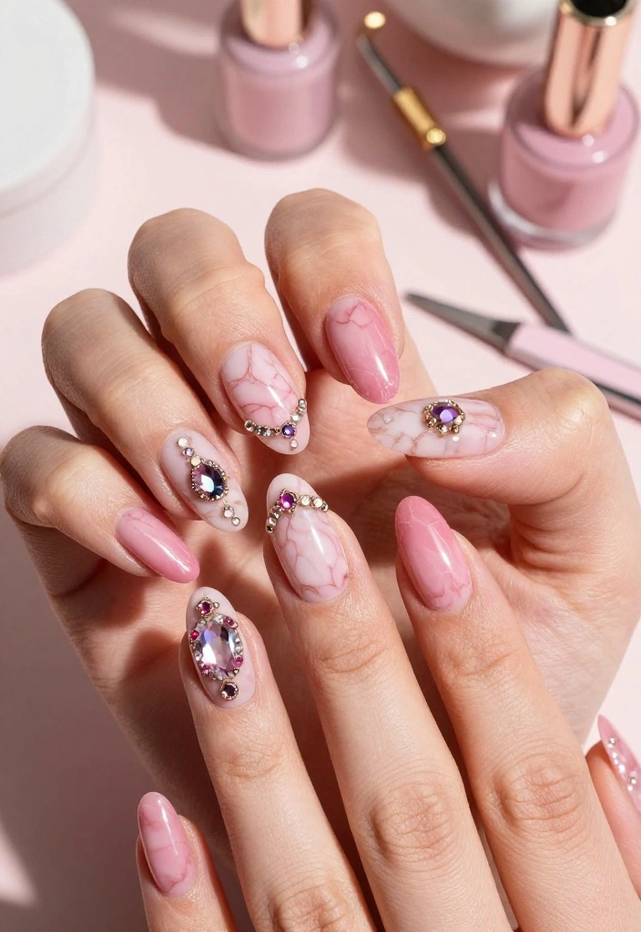 21 Trendy Pink Marble Nail Ideas That Everyone Will Be Talking About! 21 Trendy Pink Marble Nail Ideas That Everyone Will Be Talking About! - 19. Pink Marble with Jewel Tones 1