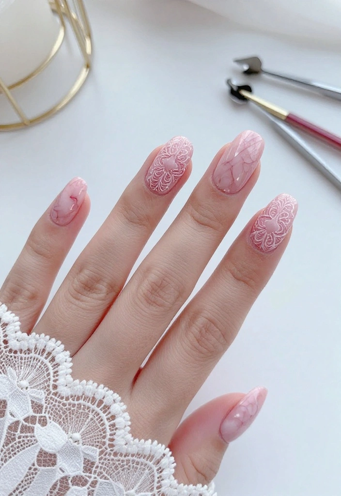 21 Trendy Pink Marble Nail Ideas That Everyone Will Be Talking About! 21 Trendy Pink Marble Nail Ideas That Everyone Will Be Talking About! - 21. Pink Marble with Lace 1