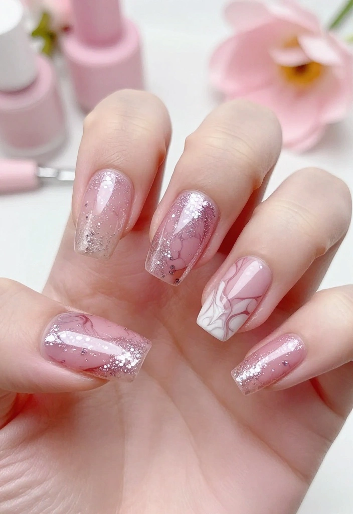 21 Trendy Pink Marble Nail Ideas That Everyone Will Be Talking About! 21 Trendy Pink Marble Nail Ideas That Everyone Will Be Talking About! - 7. Glitter Pink Marble 1