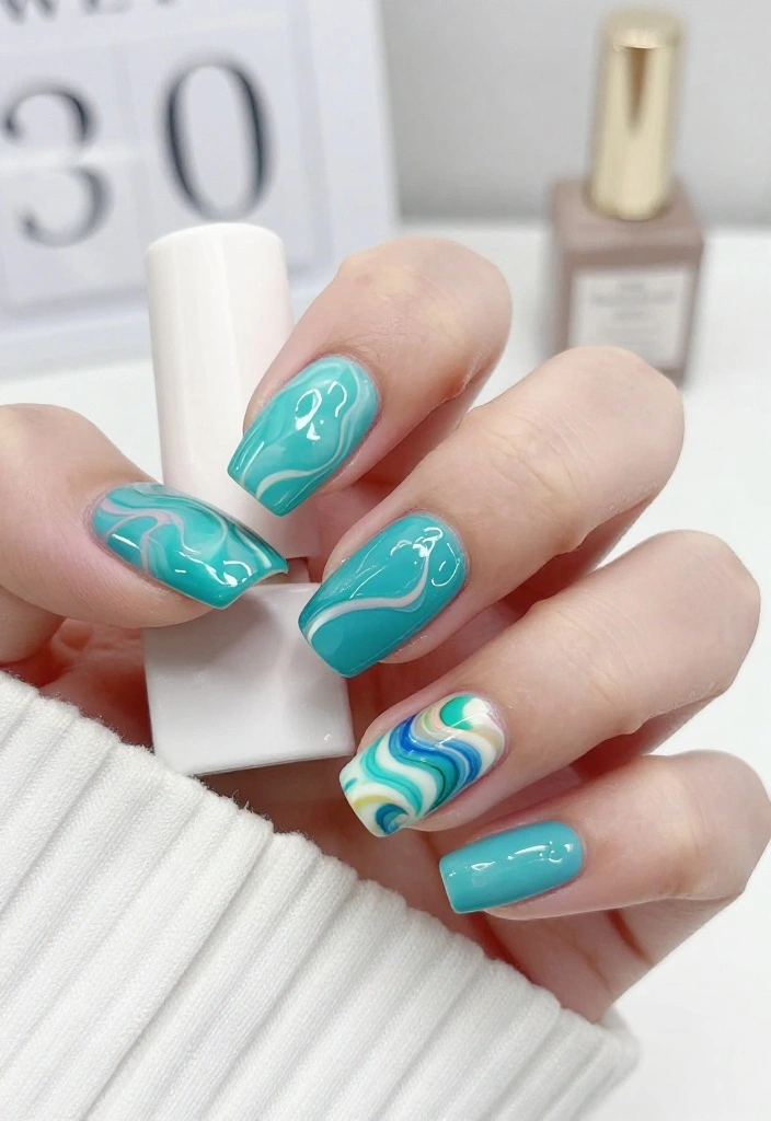 17 Jaw-Dropping Blue Marble Nail Inspirations Guaranteed to Turn Heads! - 11. Aqua Marble 1
