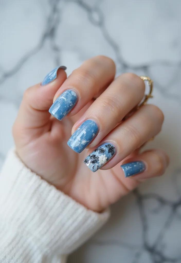 17 Jaw-Dropping Blue Marble Nail Inspirations Guaranteed to Turn Heads! - 13. Blue Floral Marble 1