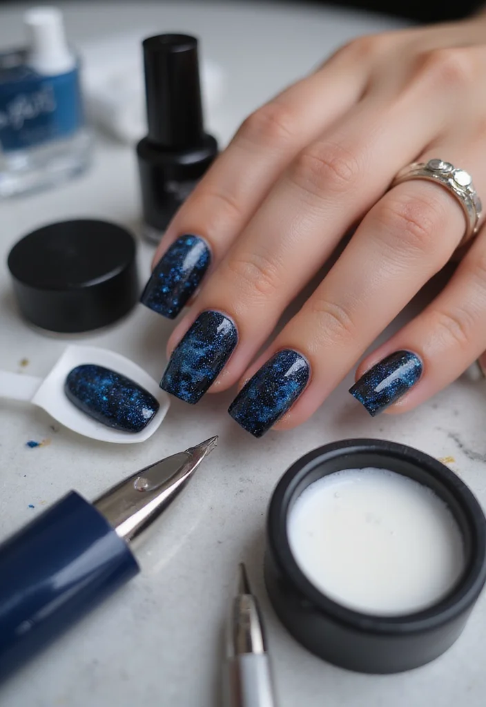 17 Jaw-Dropping Blue Marble Nail Inspirations Guaranteed to Turn Heads! - 2. Midnight Sky Marble 1