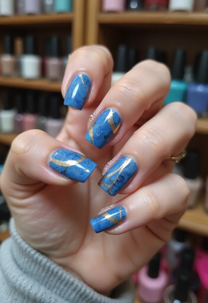 17 Jaw-Dropping Blue Marble Nail Inspirations Guaranteed to Turn Heads! - 4. Blue and Gold Marble 1