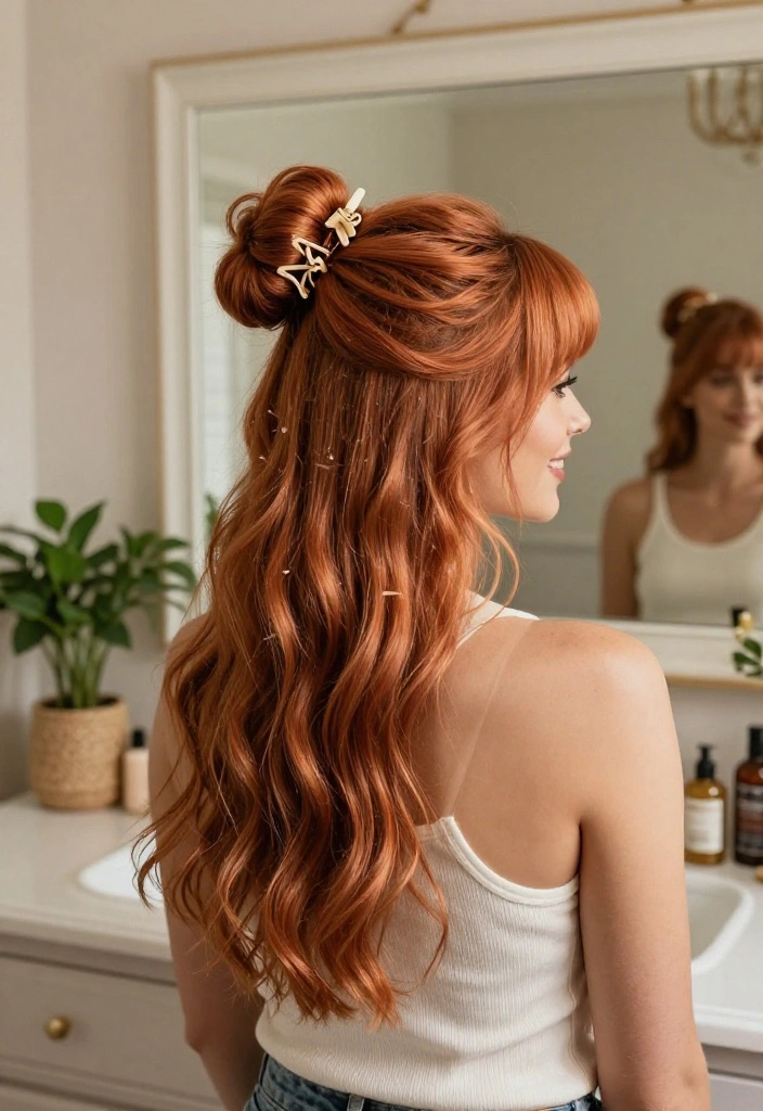 18 Amazing Ways to Style Copper Curtain Bangs (Your Friends Will Be Jealous!) - 3. Half Up, Half Down 1