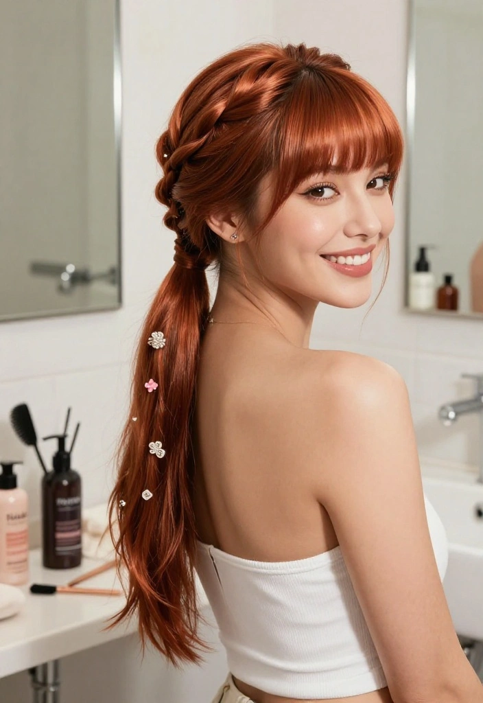 18 Amazing Ways to Style Copper Curtain Bangs (Your Friends Will Be Jealous!) - 9. Playful Ponytails 1
