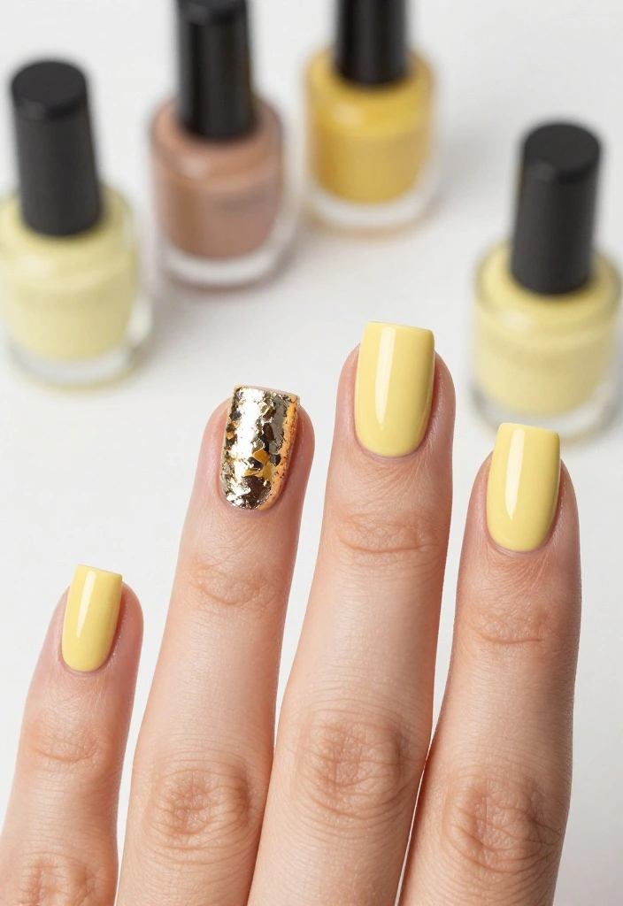 17 Butter Yellow Manicure Ideas That Are Perfect for Any Occasion (Don't Miss #9!) - 16. Metallic Foil Accents 1