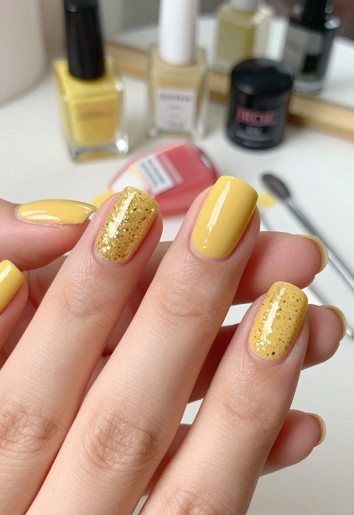 17 Butter Yellow Manicure Ideas That Are Perfect for Any Occasion (Don't Miss #9!) - 5. Glitter Glam 1
