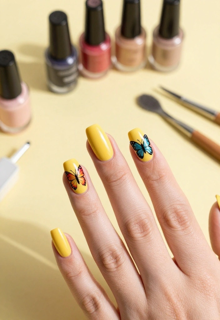 17 Butter Yellow Manicure Ideas That Are Perfect for Any Occasion (Don't Miss #9!) - 6. Butterfly Nail Art 1